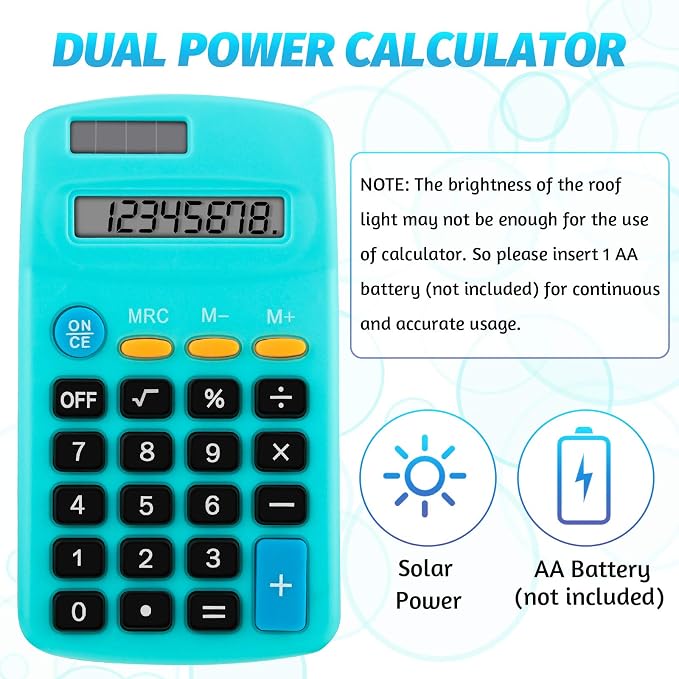 9 Pieces Solar Calculators Bulk - Mini Pocket Calculator for Students, Basic 8-Digit Dual Power (Solar & Battery), Colorful Classroom Supplies for Teachers, School Gifts for Students