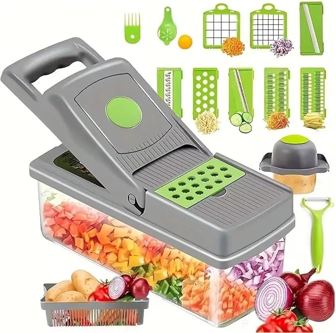 16 in 1 Kitchen Vegetable Cutter with Interchangeable Blades Carrot Grater Potato Peeler Slicer Tool with Storage Container Green