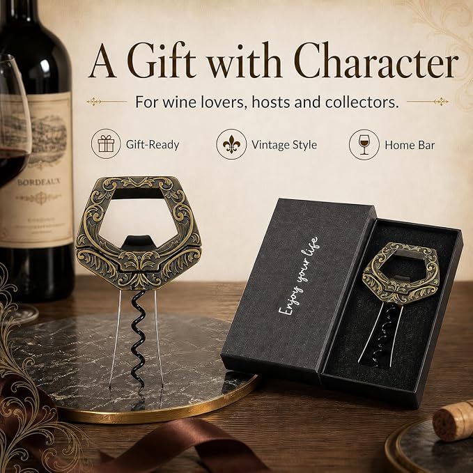 Wine Couple 3 in 1 Wine Bottle Opener, Ah So Two Prong Corkscrew (Bronze) | For old fragile corks, beer caps and vintage bottles. Black gift box for wine lovers, collectors and gifting