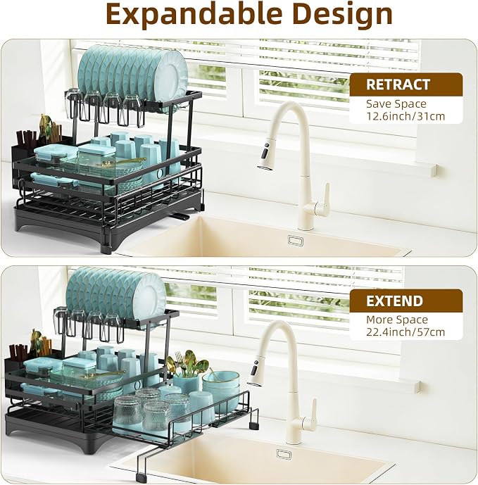 AULEEP 2-Tier Foldable Dish Drying Rack for Kitchen Counter Over the Sink | Expandable Anti-Rust Large Drainers 2-in-1 Pull Out Design with Drying Mat, Cups & Kitchen Utensil Holder