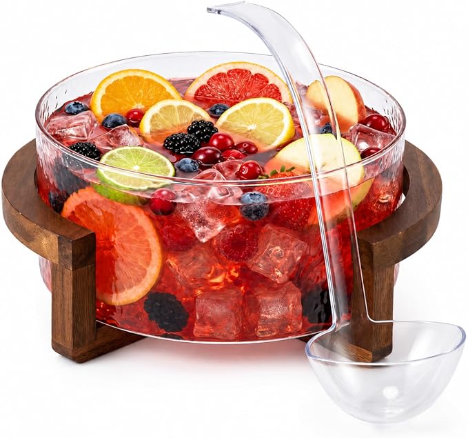 1.2 Gallon Glass Punch Bowl Set with Ladle, Hammered Glass | Acacia Wood Base, Textured Glass Finish, Elegant Centerpiece, Ideal for Holiday, Wedding, Parties & Gatherings