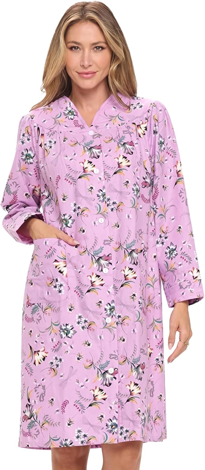 Casual Nights Women's Floral Snap Front Flannel Duster Long Sleeve Lounger Dress
