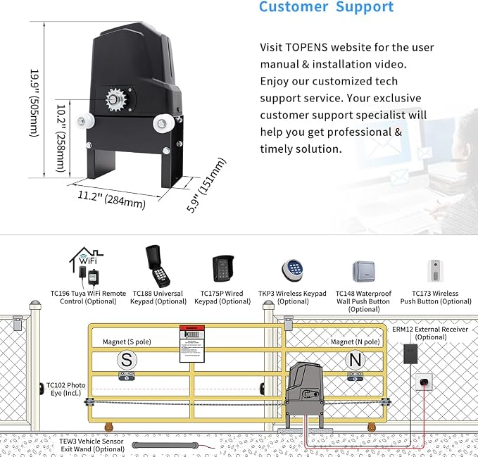 TOPENS CF800 Fast Sliding Gate Opener Chain Drive Automatic Gate Motor for Heavy Driveway Slide Gate Up to 1800 Pounds, Electric Gate Operator AC Powered with 20ft Roller Chain and Remote Control