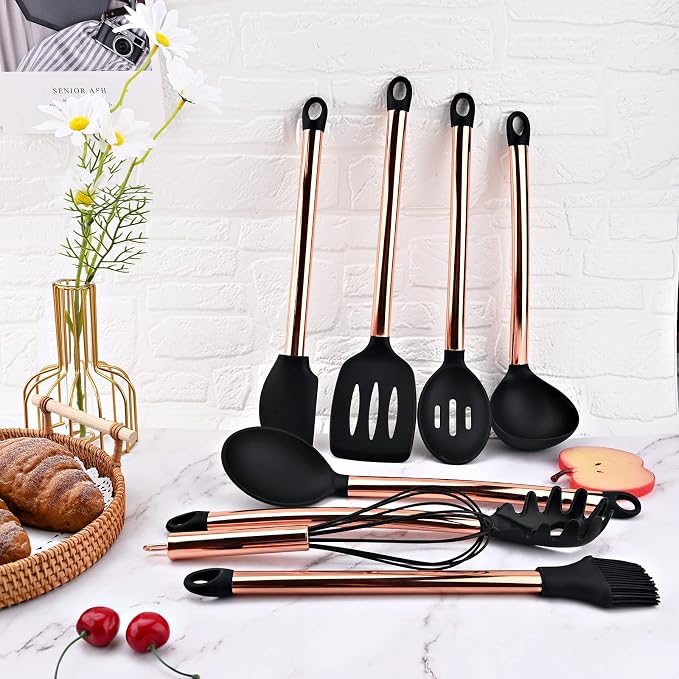 Silicone Cooking Utensil Set with Measuring Cup Spoon, 16 Pcs Non-stick Kitchen Utensil, Heat Resistant Cookware, Silicone Kitchen Tools Gift with Rose Gold Stainless Steel Handle