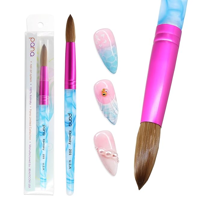 PANA USA Acrylic Nail Brush Pure Kolinsky Hair Acrylic White Swirl Blue Handle with Pink Ferrule Round Shaped - Size 20