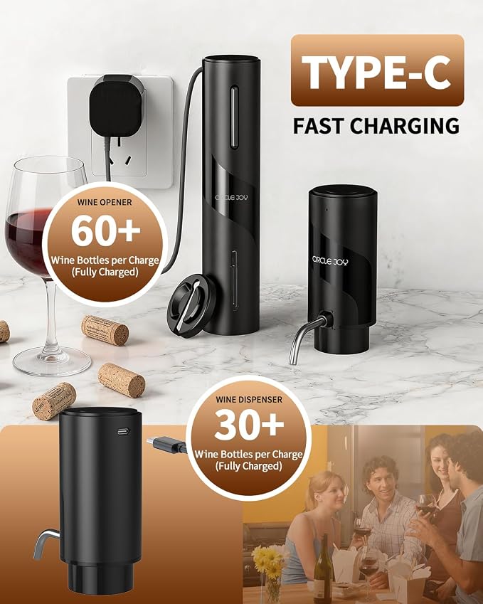 CIRCLE JOY 5-in-1 Electric Wine Bottle Opener Set, Rechargeable Wine Opener Kit, Cordless Wine Gift Set with Foil Cutter, Electric Aerator & Pourer and Vacuum Stopper for Wine Lovers, Black