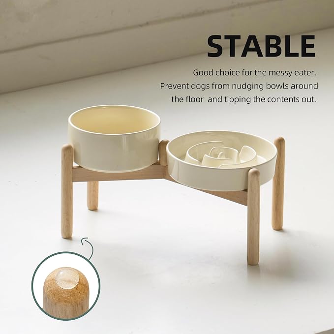 Havniva Elevated Slow Feeder Dog Bowls, Ceramic Dog Bowl Slow Feeder Set | 1.2 Cups Raised Slow Feeder Dog Bowl for Small Breed, 6.1” Dog Water Bowl with Wooden Stand, Puzzle Dog Food Bowl, Non-slip