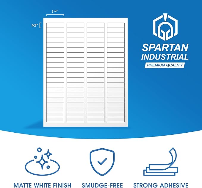 1.75" X 0.5" Matte White Return Address Labels (100 Sheets, 8000 Stickers) Mailing Labels for Envelopes, File Folder Stickers for Laser & Inkjet Printers - Spartan Industrial Template R002