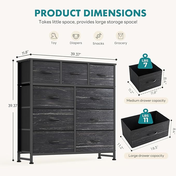 OLIXIS 9 Drawer Storage Dresser with Wood Top - Wide Fabric Chest Organizer for Bedroom, Closet, Living Room,Tower Cabinet, TV Stand, Hallway Entryway Furniture,Black Wood Grain