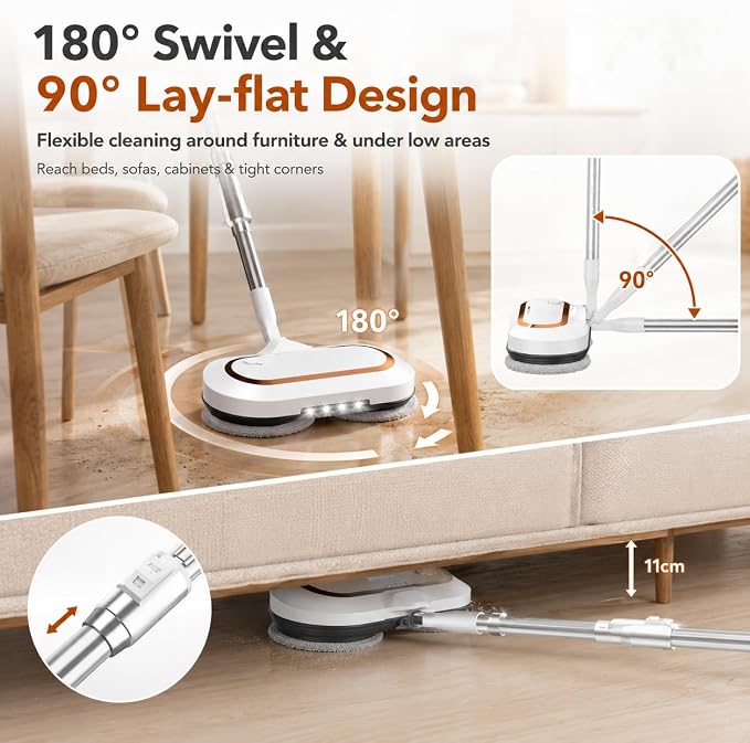 AlfaBot Cordless Electric Mop, Dual Spin Power Floor Cleaner with LED Headlight and Water Spray, 60-Min Runtime Self-Propelled Mop with Adjustable Tube for Hardwood, Tile, Marble and Vinyl Floors