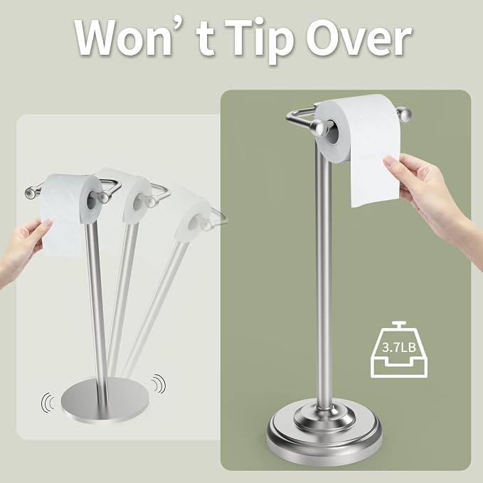 Toilet Paper Holder Stand, Brushed Nickel Toilet Paper Holder Free Standing,Post Pivoting Design & Stable Weighted Base SUS304 Stainless Steel for Bathroom