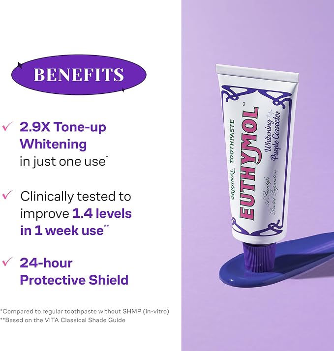 EUTHYMOL Purple Whitening Toothpaste, Instant Brightening | 3.7 fl oz | Whitening Toothpaste for Yellow & Sensitive Teeth, Violet ToneUp, 24H Stain Defense, Long-Lasting Fresh Breath, Aluminum tube