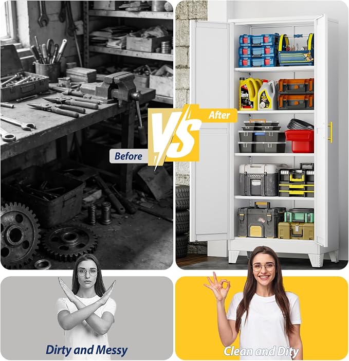 PAOFIN 71" Metal Storage Cabinet with 2 Doors and 4 Adjustable Shelves,White Metal Garage Storage Cabinets, File Cabinet,Steel Tool Cabinets for Home,Office,Garage,School,Warehouse