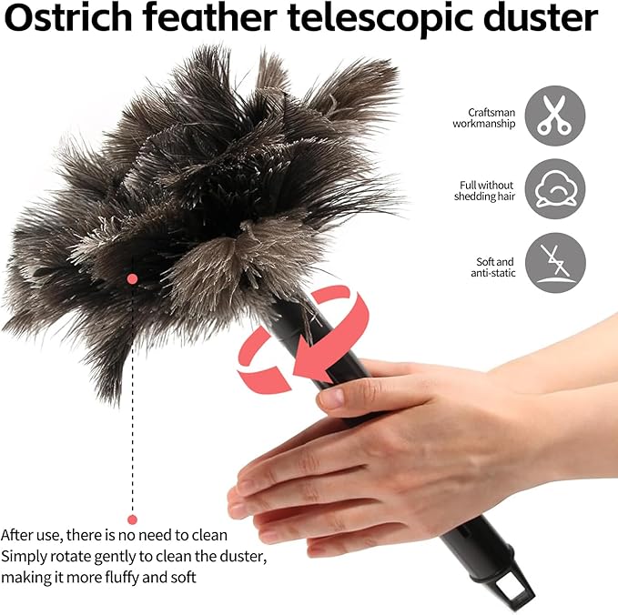 Retractable Feather Duster-Genuine Ostrich Feathers,Anti-Static,Reusable Eco-Friendly Handheld Cleaning for Keyboard,Home,Car,Office(10 to 15 Inches) 2 Pack