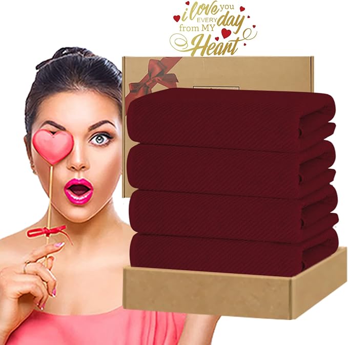 VOOVA & MOVAS Hand Towels 4PC, 100% Cotton, 18x28 in, Burgundy Red | Thick, Quick Dry, Soft, Absorbent, Bathroom Essentials, Suitable For Shower, Spa, Daily Washing