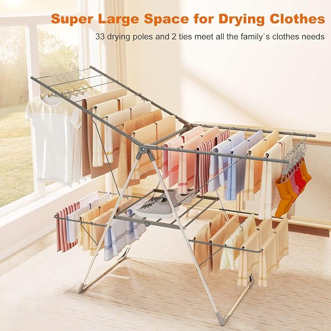 Bigzzia Clothes Drying Rack Foldable, 2-Level Large Laundry Drying Rack Collapsible, Stainless Steel Drying Rack Clothing for Indoor Outdoor, Easy to Fold, 33 Drying Rails, 56.1" L × 22.7" W, Gray