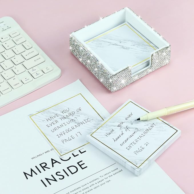 Buqoo 2 PCS Bling Crystal Handmade Diamond Sticky Note Holder and Tape Dispenser Office Supplies Dazzling Rhinestone Bling Desk Accessories for Women Office (Silver)