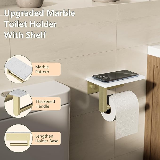 Marble Toilet Paper Holder with Shelf, Evolvegoods Brushed Gold Bathroom Toilet Paper Holder Wall Mount, 304 Stainless Steel Modern Toilet Paper Roll Holder Storage Tissue Holder
