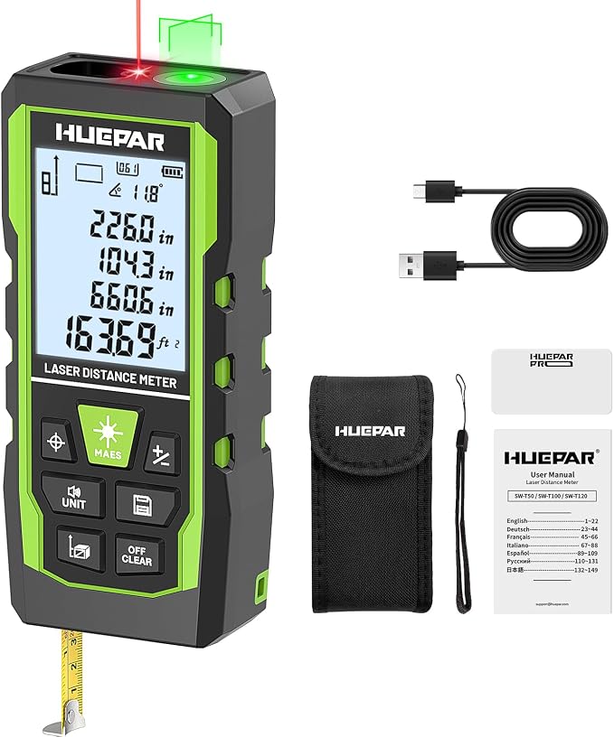 Laser Measuring Tool 3-in-1, Huepar 165 Ft Laser Measure & 33 Ft Green Cross Line Laser Level & 6.5 Ft Tape Measure, Rechargeable, Voice Broadcast, Multi-Mode, Rugged for Construction&Home Use, SW-T50