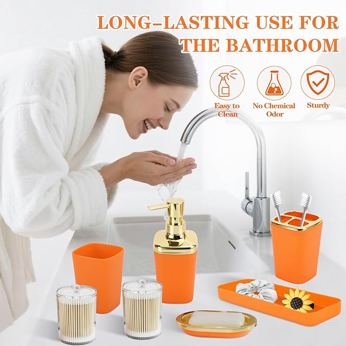 XLHOMO Orange Bathroom Accessories, 24 Pieces Orange and Gold Bathroom Accessories Set with Shower Curtain, Bath Towels, Trash Can, Soap Dispenser and Soap Dish for Bathroom/Housewarming
