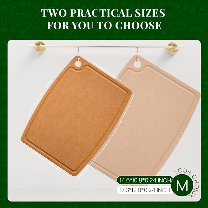 Kikcoin Wood Cutting Board, Cutting Boards for Kitchen Dishwasher Safe Non-slip Chopping Board with Juice Groove, Wood Fiber Composite Cutting Board with Hanging Hole, 14.6"*10.8"