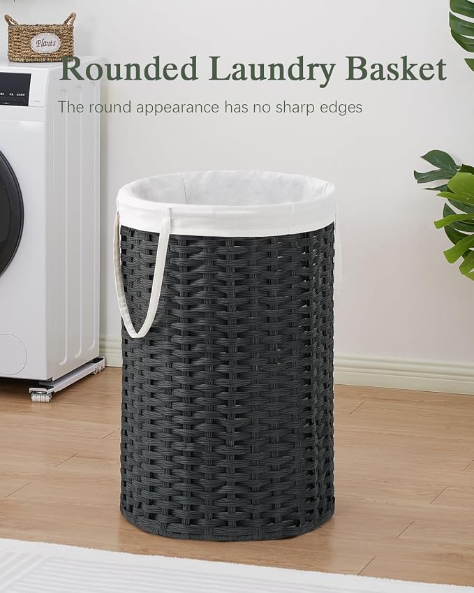 SETVSON 34.3 Gal (130 L) Large Laundry Hamper Laundry Basket Round Handwoven Wicker Laundry Baskets Rattan Laundry Basket with Removable Bag Handles 2 Mesh Bags for Living Room Bedroom Black (No Lid)