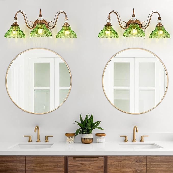 Vintage Bathroom Vanity Light, 3-Light Matte Antique Brass Finish Wall Sconce with Hanging Crystal Accents and Flower-Shaped Green Glass Shades, Retro Wall Mount Vanity Light Over Mirror for Bathroom