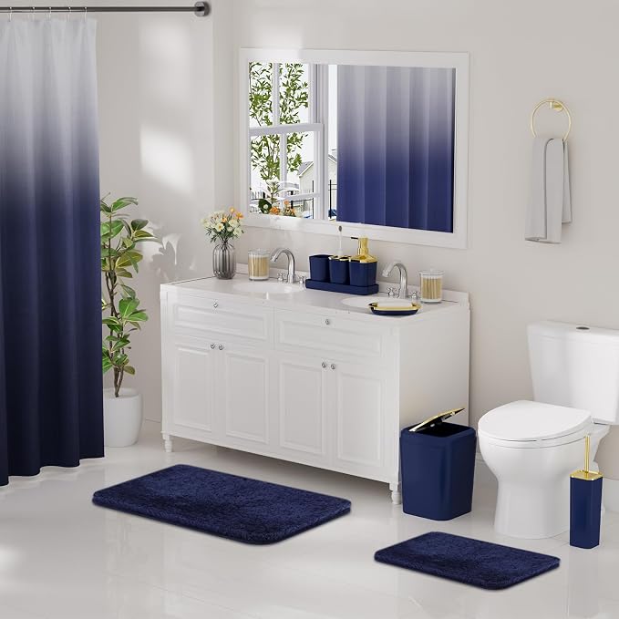 XLHOMO Bathroom Accessory Set - 24PCS Luxury Bathroom Accessories Set, Bathroom Sets with Shower Curtain and Rugs, Blue Bathroom Set with Trash Can, Toothbrush Holder & Soap Dispenser for Home Decor