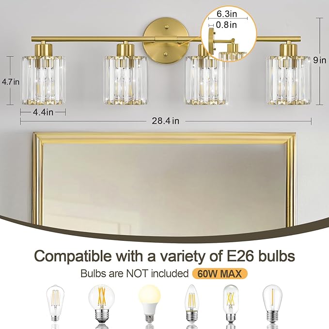 Crystal Bathroom Light Fixtures, Bathroom Lighting Fixtures Over Mirror, Modern 4-Light Gold Vanity Lights for Mirror, Restroom, Kitchen(Ceramic E26 Socket,Bulbs Not Include)