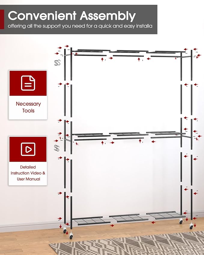 Sakugi Clothes Rack - 45.2" x 12.2" x 79.5" Clothing Rack with Shelves & Wheels, Multi-Functional Wardrobe Closet with Hooks, Sturdy Metal Garment Rack for Bedroom, Laundry, Balcony (Black)