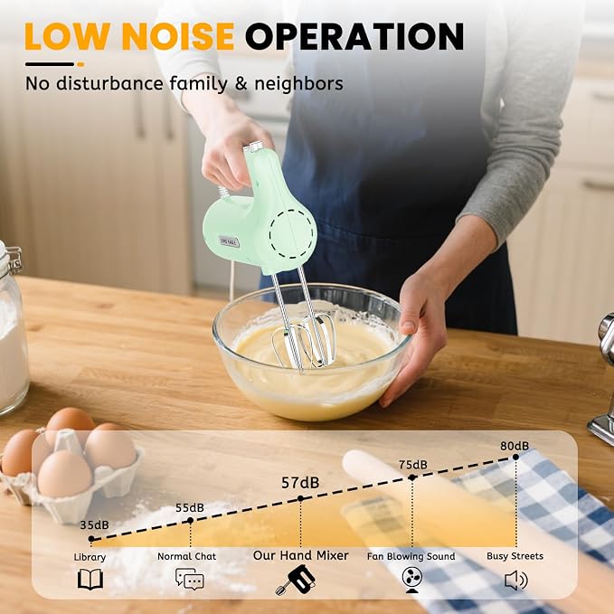 Lord Eagle 5-Speed Hand Mixer Electric, 300W Compact Handheld Mixer, Portable Kitchen Egg Beater with 5 Attachments & Storage Bag, Cake Supplies for Bread Dough Baking, Lightweight, Green