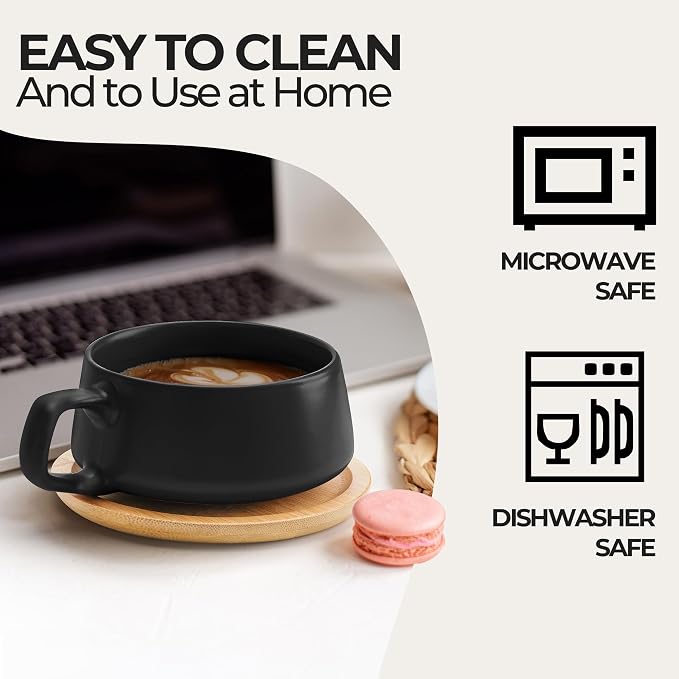 MIAMIO - Cappuccino Cup Set of 4, Ceramic (11oz), Wide - Luxe (Black) | Ceramic cappuccino cups and saucers, wide latte cups and mugs for Americano, 4-piece set of ceramic cups, dishwasher safe