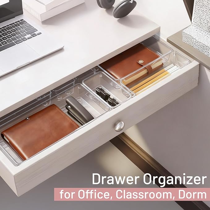 Drawer Organizer, 10 Pack Large Clear Plastic Organizer Bins 5 Sizes, Versatile Bathroom Drawer Trays, Heavy Duty Non‑Slip Drawer Dividers for Makeup, Office & Kitchen Utensils