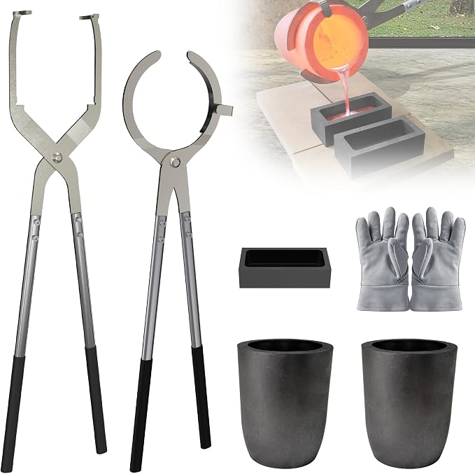Nelyrho #10 (26lbs-12kg) Crucible Tongs Set Pro for Melting Metal Casting | Includes lifting and pouring tongs, 2 graphite crucibles, Ingot mold and gloves for metal melting, casting and jewelry making