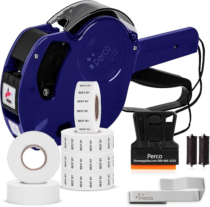 Perco Lite 1 Line Date Gun Kit for Retail Business – Includes 2 White Rolls, 4 Rolls of Best By Labels, Gun Clip & Ink Rollers – Pre-Loaded w Labels & Ink