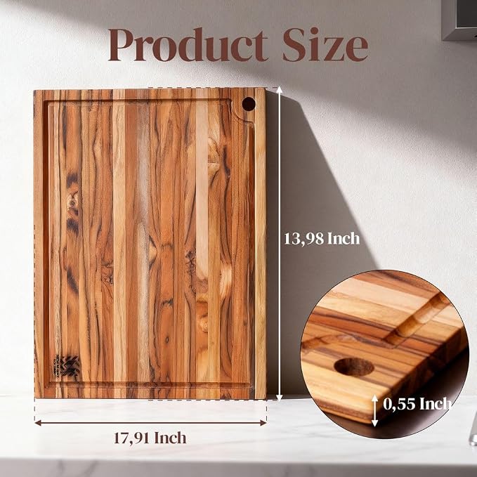 Set of 2 Premium Teak Wood Cutting Board, 18" x 14" x 0.6" Thin Solid Hardwood for Meat, Fruit, Bread & Cheese Prep w/Deep Juice Groove, Non-Toxic, BPA/Plastic Free by New M Way