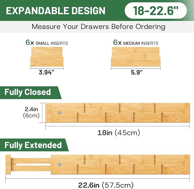 kiplant Bamboo Drawer Dividers - Adjustable Drawer Dividers for Kitchen, Clothes, Closet & Office - 6 Pack with Inserts, 18-22.6 Inches, Non-Slip Silicone Ends