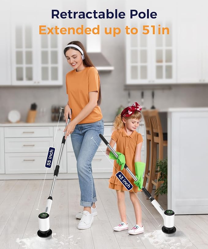 Cordless Electric Spin Scrubber, 6 Brush Heads, Long Handle | Power scrubber, adjustable long handle, IPX7 rated body, lightweight grip, bathroom, kitchen, tile, grout, tub, shower, floor