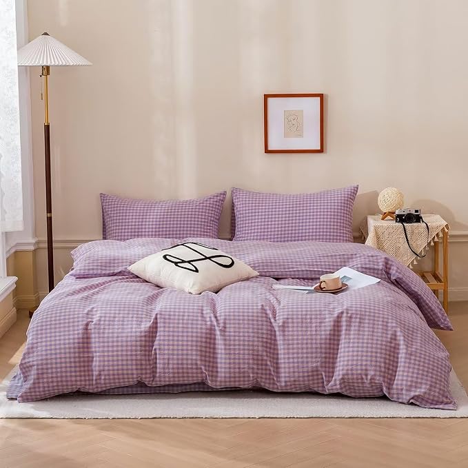 mixinni Purple Gingham Grid Duvet Cover Twin, 100% Washed Cotton Modern Geometric Bedding Set with 2 Pillowcases, Farmhouse Style Yellow Plaid Comforter Cover Set for Men & Women, Soft & Lightweight