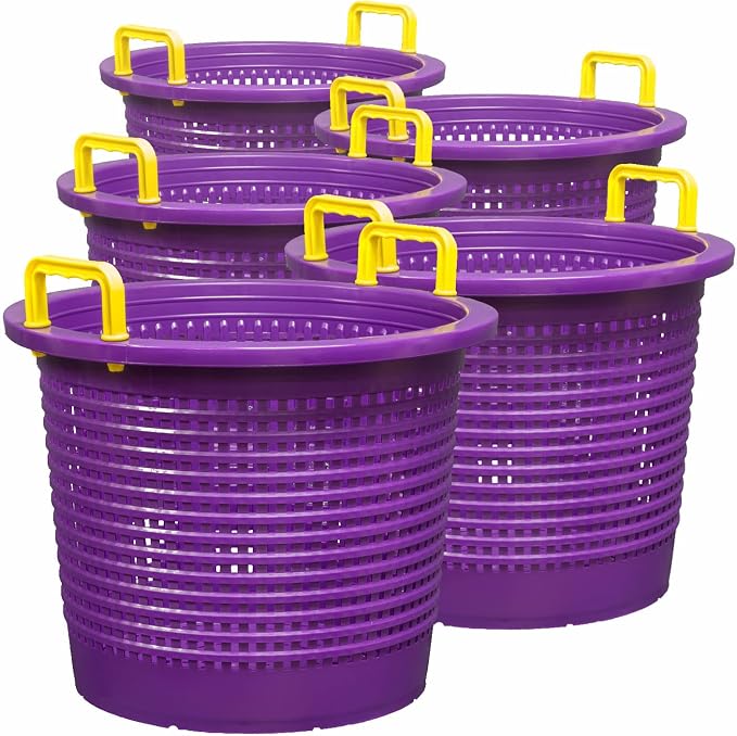 Large, Heavy Duty Fish Baskets, Purple, Yellow Handles, Made in USA, 5-Pack
