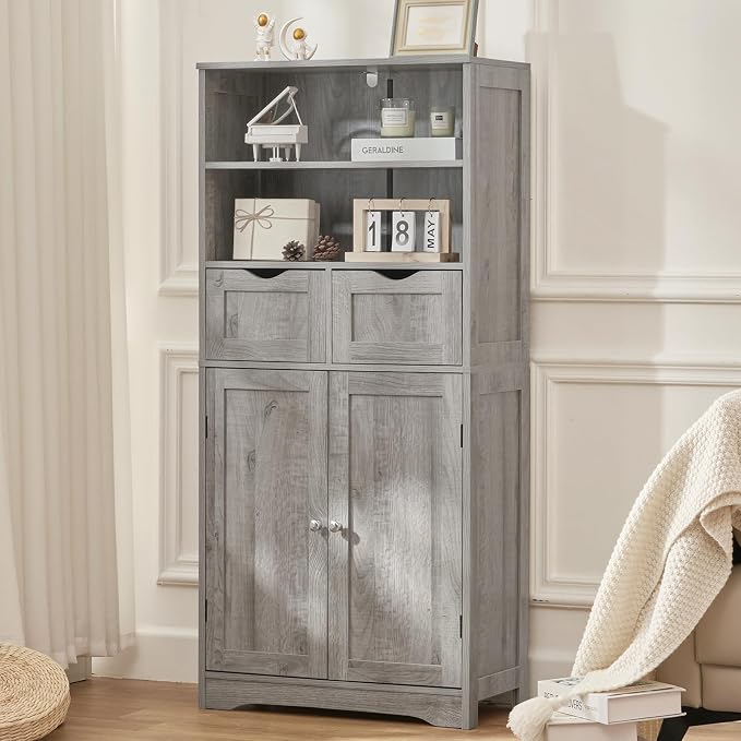 Iwell Storage Cabinet with 2 Drawers & Adjustable Shelf, Tall Bathroom Cabinet with Doors, Cupboard, Kitchen Cabinets for Living Room, Dining Room, Entryway, Grey