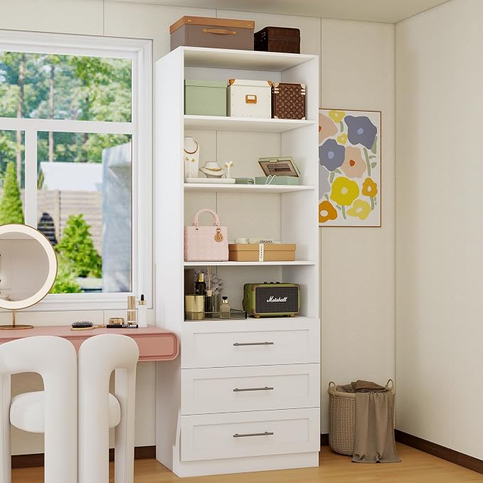 Closet System with 3 Drawers and Shelves, Closet Organizer System, Walk In Closet System, White(VO-008)
