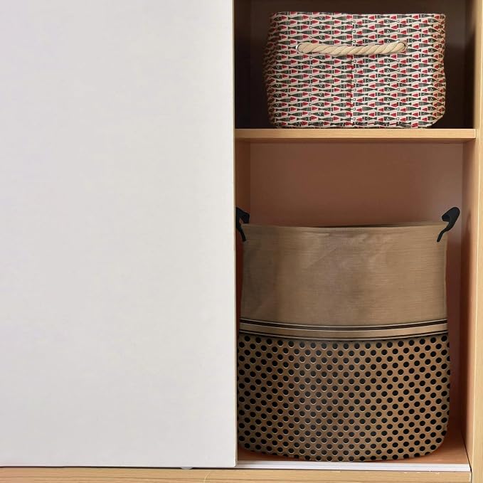 Collapsible Laundry Basket 42L, Brown Metal Hole Storage Bin Laundry Hamper with Handles, Modern Copper Net Eye Hole Pattern Waterproof Clothes Baskets for Bathroom/Bedroom 13.8 x 17 In