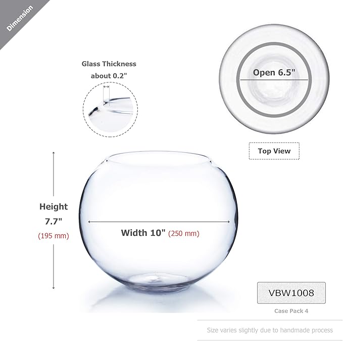 WGV Large Bowl Glass Vase, Diameter 9", Height 8", (Multiple Sizes Choices) Clear Round Bubble Vase Jar, Floral Planter Terrarium for Wedding Event Home Decor, 1 Piece (VBW1008)