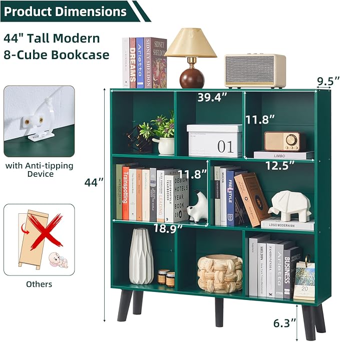 LEYAOYAO 8 Cube Bookshelf,Mid-Century Modern Bookcase with Legs,Dark Green | 3 Tier Book Shelf,Rustic Wood Bookshelves Freestanding Large Storage Organizer, Open Shelves for Bedroom, Living Room, Office