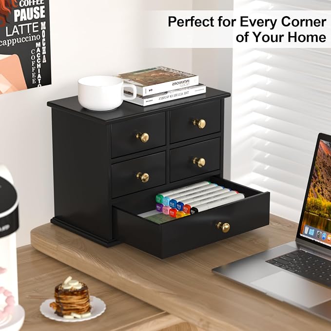 Oak Desk Organizer with Drawers, Durable Wooden Desktop Storage Box with Metal Handles & Non-Slip Silicone Pads, 5 Drawer Tabletop Organizer for Office, Bedroom, Bathroom, Vanity, and Makeup – Black
