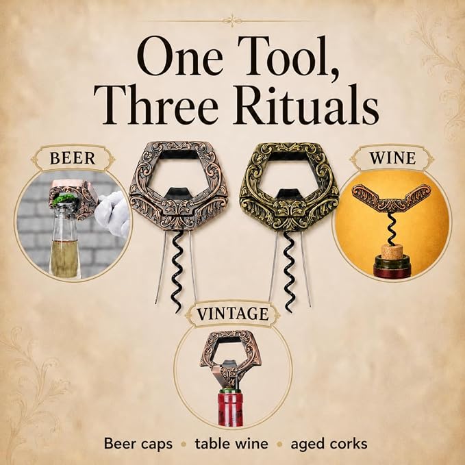 Wine Couple 3 in 1 Wine Bottle Opener, Ah So Two Prong Corkscrew (Copper) | For old fragile corks, beer caps and vintage bottles. Black gift box for wine lovers, collectors and gifting