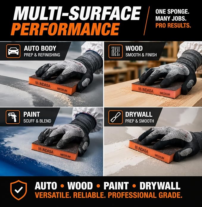 Indasa Rhyno Double Sided Sanding Sponge Pads – Aluminum Oxide, 4.75" x 3.75" x 1/2" – Flexible Foam Sanding Block (100 Pack) (Orange – Medium (120–220 Grit))