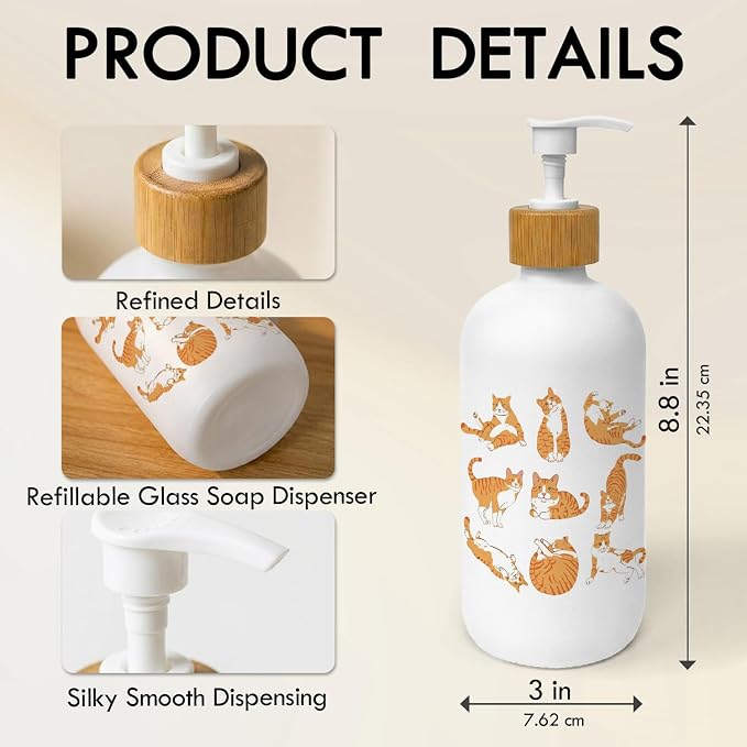 Orange Tabby Cat Soap Dispenser, Tabby Cat Gifts Glass Dish Soap Dispenser for Kitchen, Cats Lovers Gifts Refillable Handsoap Pump Bottle for Bathroom Countertop Kitchen