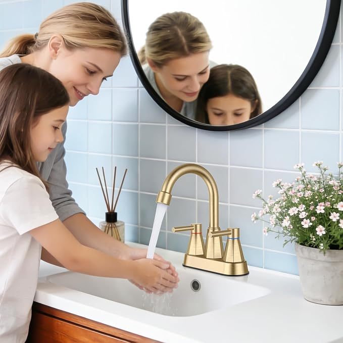 Bathroom Faucet 3 Hole Brushed Gold, 4 Inch Bathroom Sink Faucet Centerset with Pop Up Drain, Double Handle Vanity Faucet 3 Hole with 360° Swivel Spout, Rv Bathroom Sink Faucet